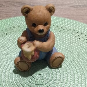 Homco Brown Bear with Honey Pot in Blue Overalls
